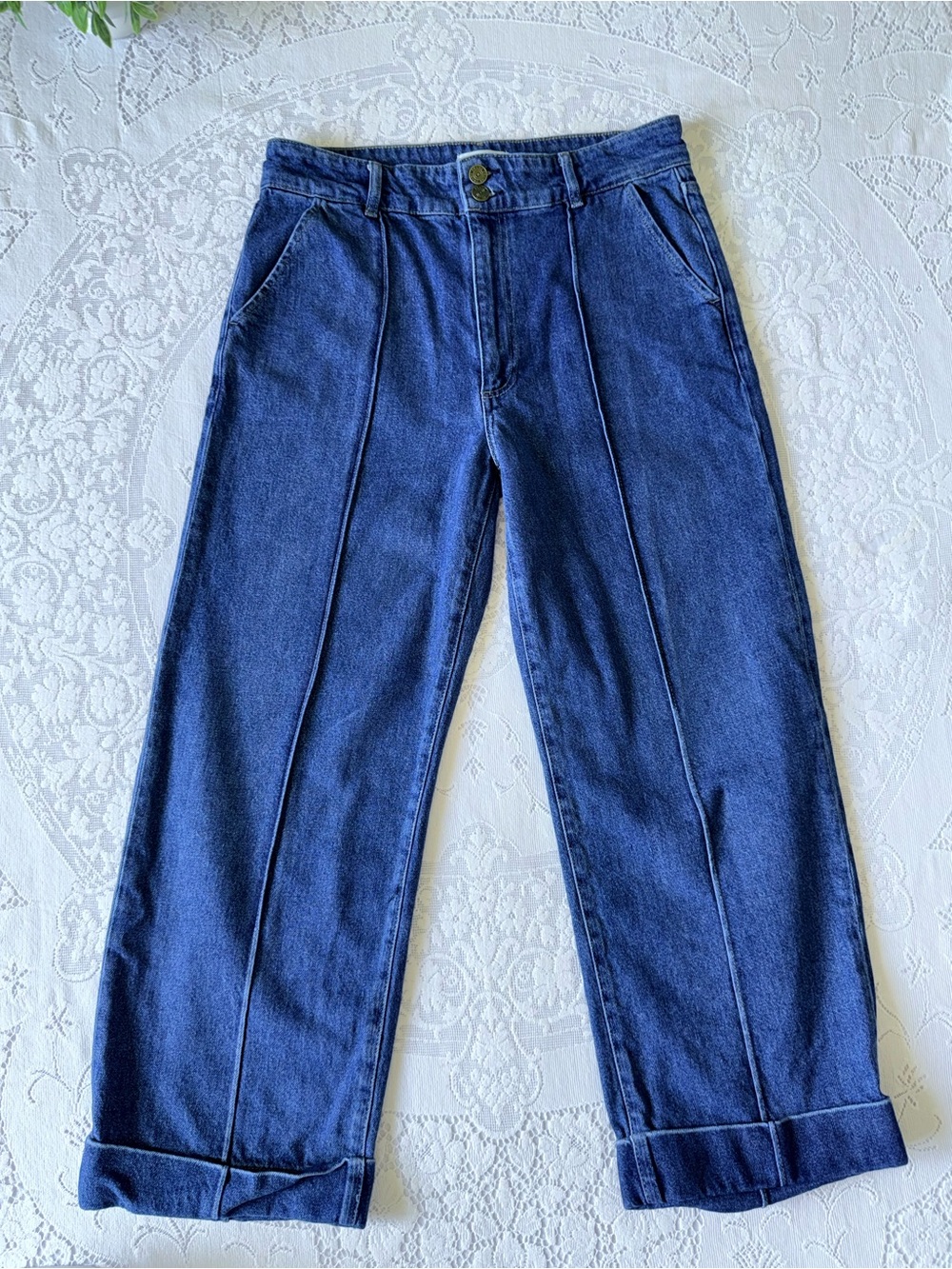 FRAME 70s Seamed Cuffed Crop Straight Leg Jeans Lago Di Como 30 medium dark blue